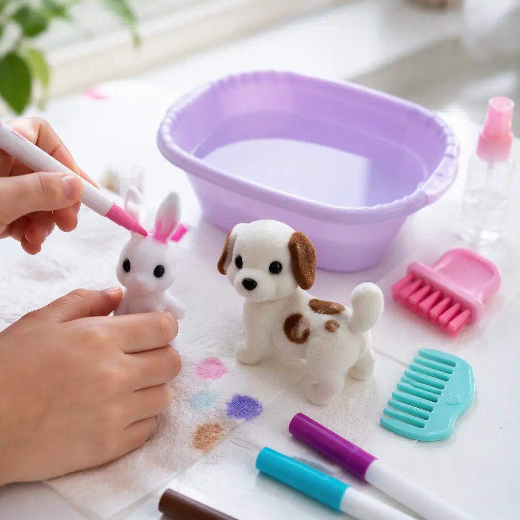 Washable marker toy pets arranged on a craft table with coloring accessories and a small washing tub