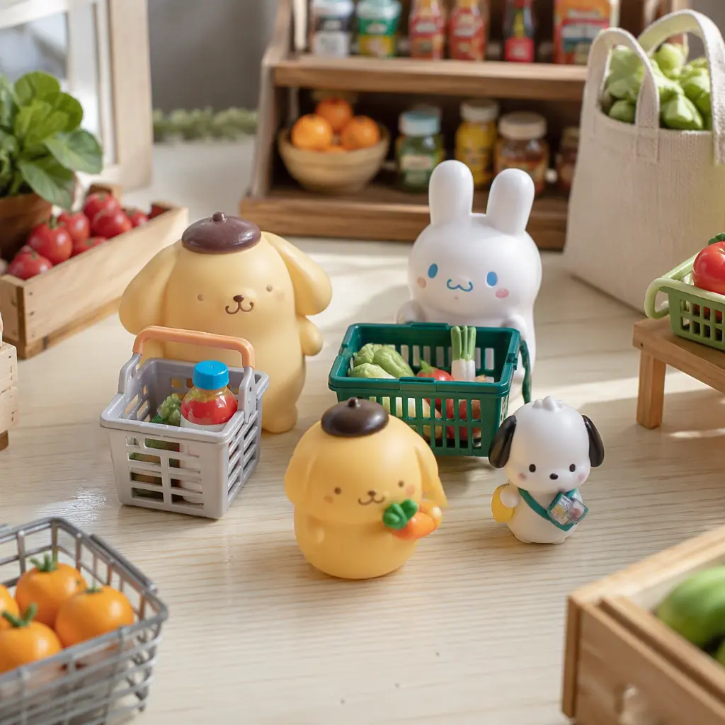 Miniature grocery-themed collectible toys with tiny baskets and market accessories