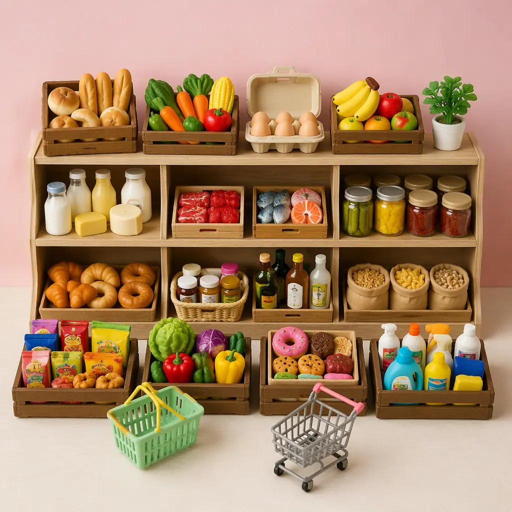 Tiny grocery-themed collectible toys arranged by category in miniature market displays