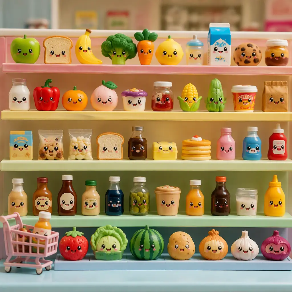 Small grocery-themed collectible toys displayed like miniature supermarket items on shelves