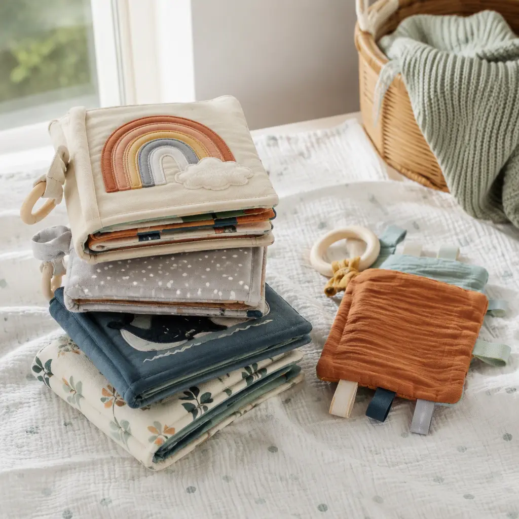 Textured cloth books and crinkle toys arranged on a play blanket