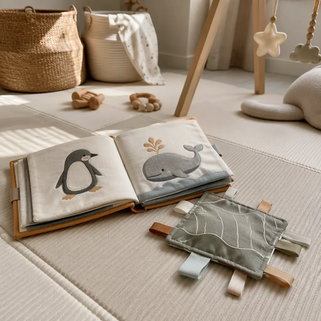 Cloth book and crinkle toy placed on a tummy time mat in a nursery