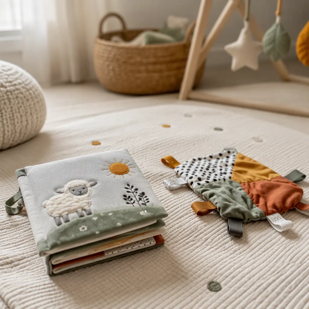 Soft baby book and crinkle toy on a tummy time mat in a softly lit nursery