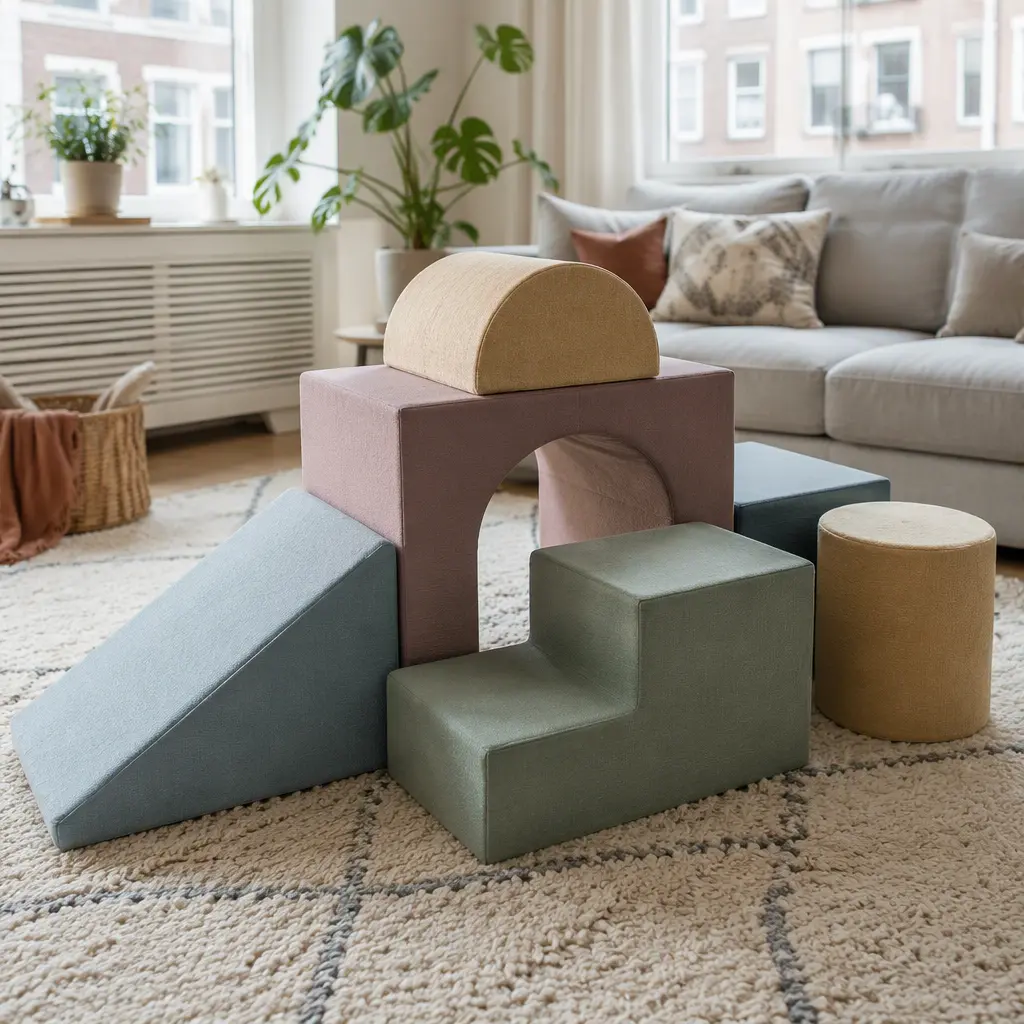 Soft foam climbing blocks arranged in a living room