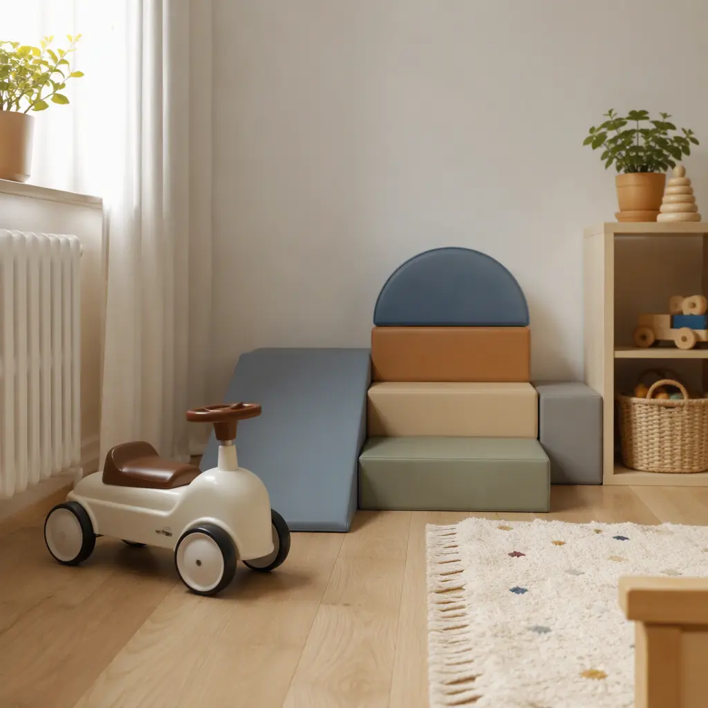 Compact indoor toddler play setup with ride-on toy and foam blocks