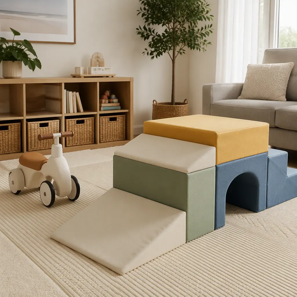 Soft climbing blocks and a toddler ride-on toy in a bright indoor playroom
