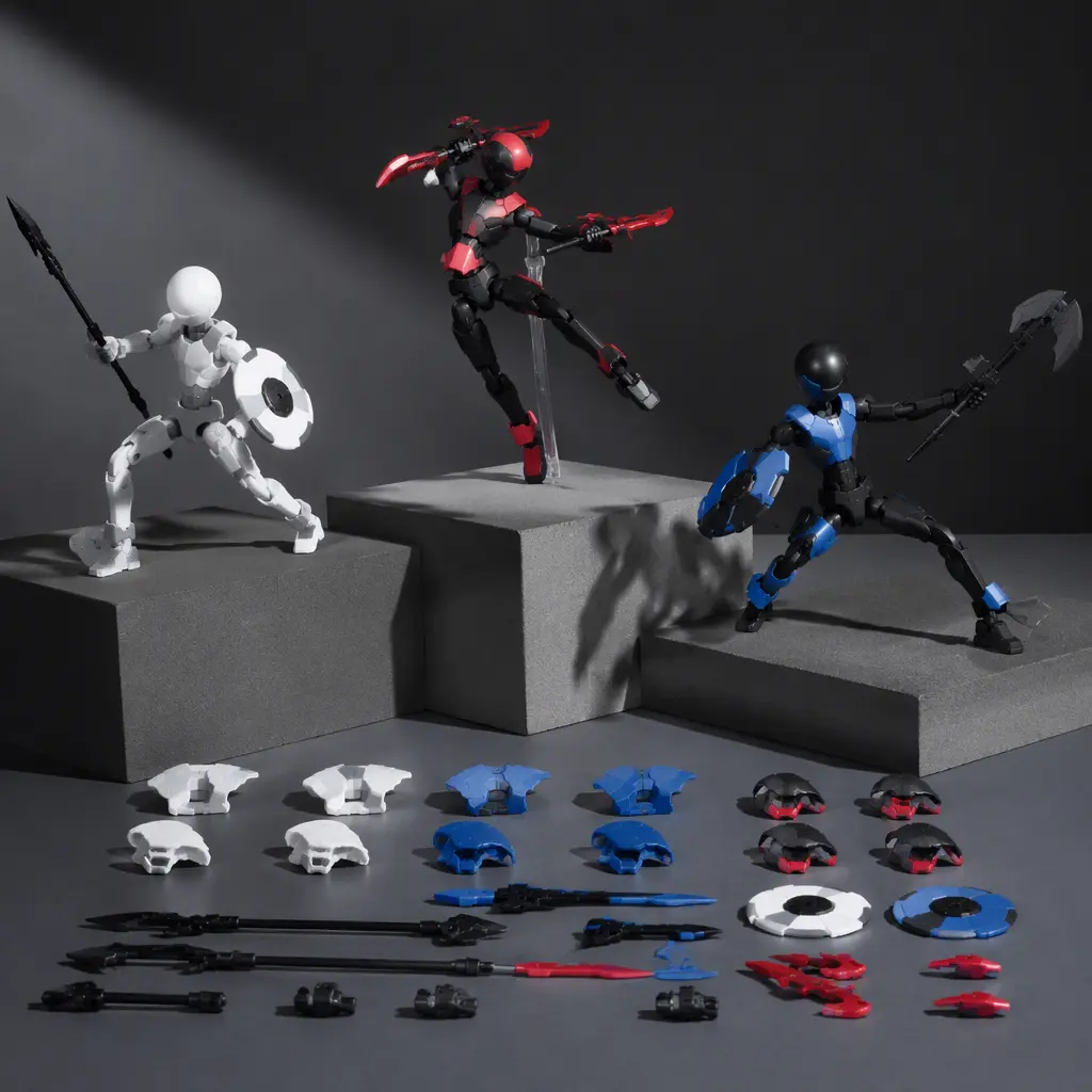 Customizable articulated toy figures posed with interchangeable accessories
