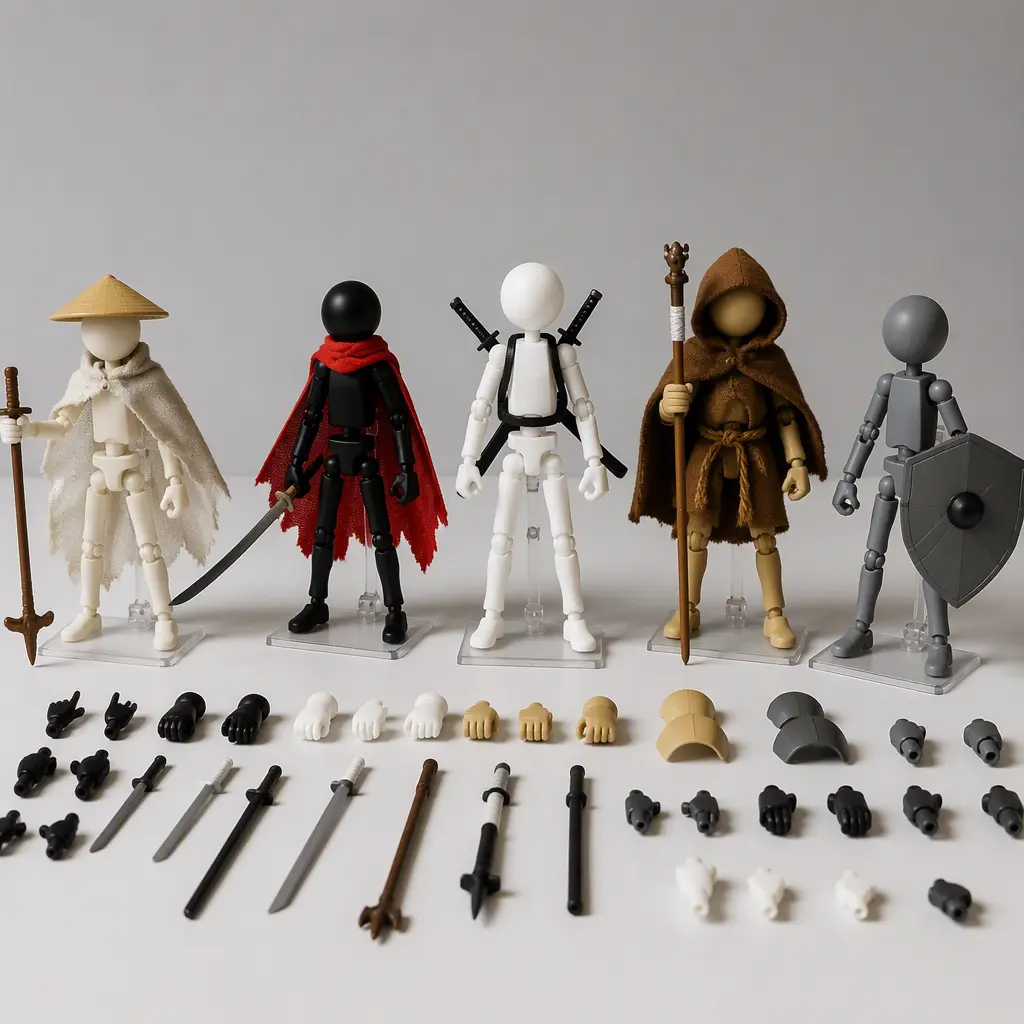 Poseable stick-figure style toy kits with interchangeable accessories on a tabletop