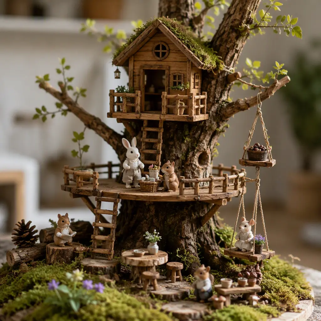 Miniature woodland treehouse toy with animal figurines and detailed furniture