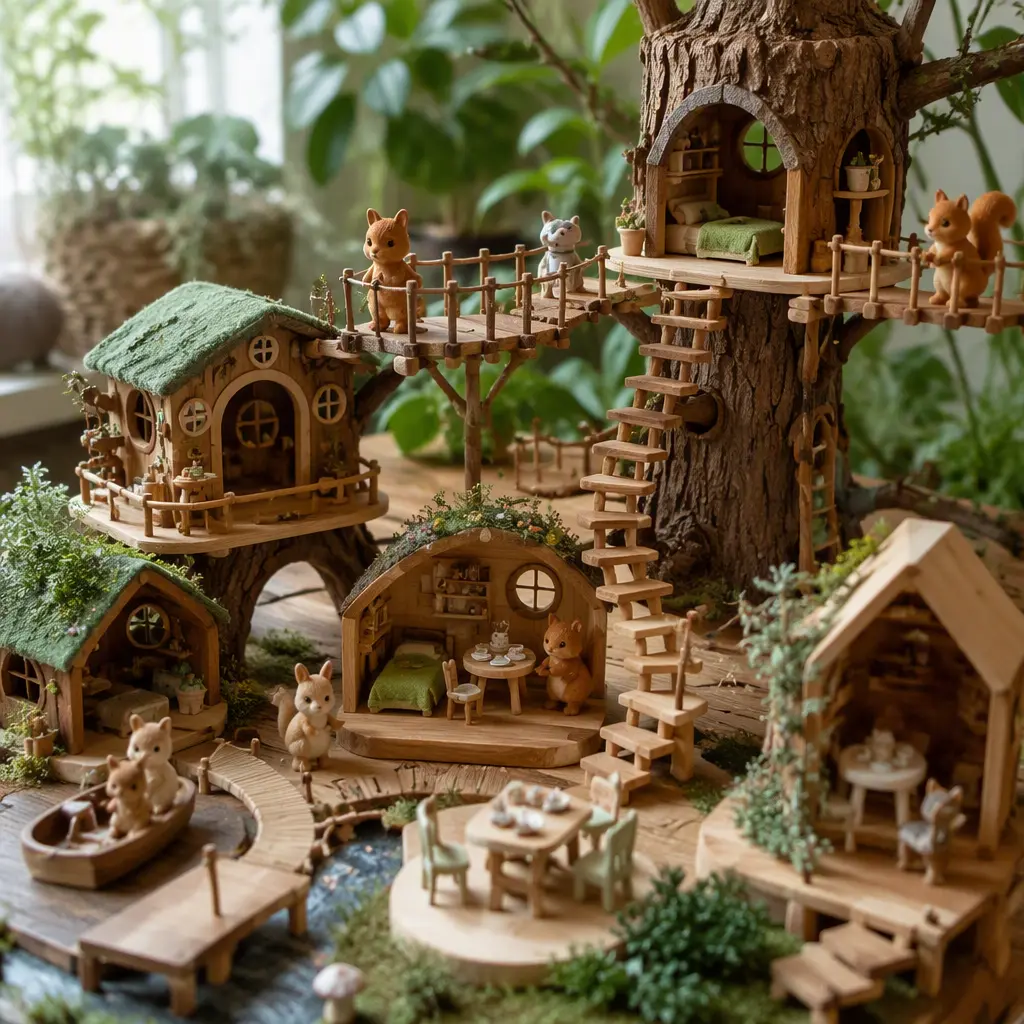 Miniature woodland village connected to a toy treehouse with small animal figures