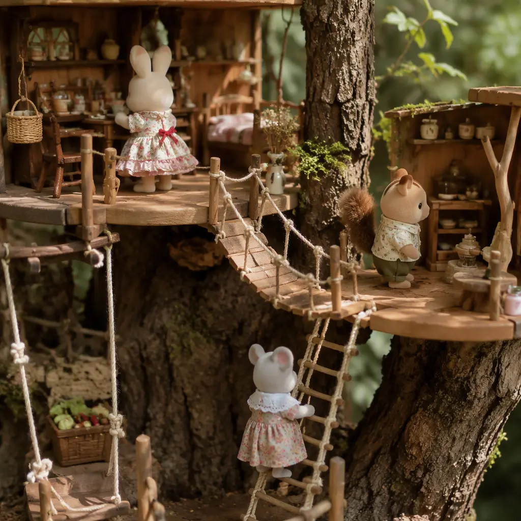Woodland-themed toy treehouse with miniature animal figures and furniture in warm natural light