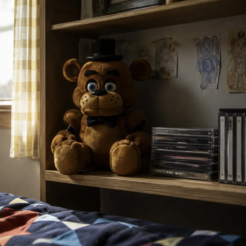 Retro storytelling bear displayed in a cozy bedroom setting