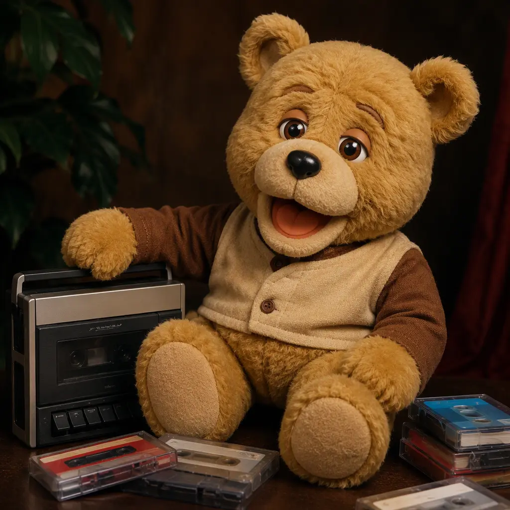Vintage-style storytelling plush bear with cassette tapes in a studio setting