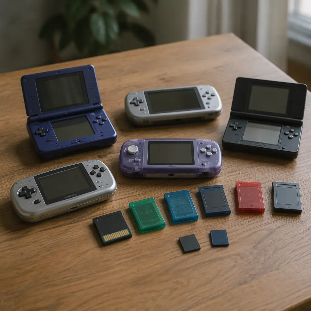 A handheld gaming device with small cartridges arranged on a wooden tabletop