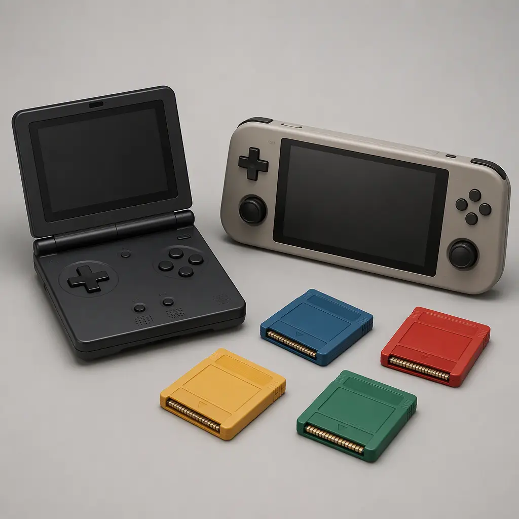 Two styles of handheld gaming devices with cartridges displayed in a studio setting