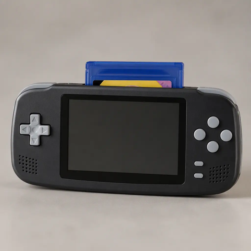 A compact early-2000s style handheld game console photographed on a neutral background