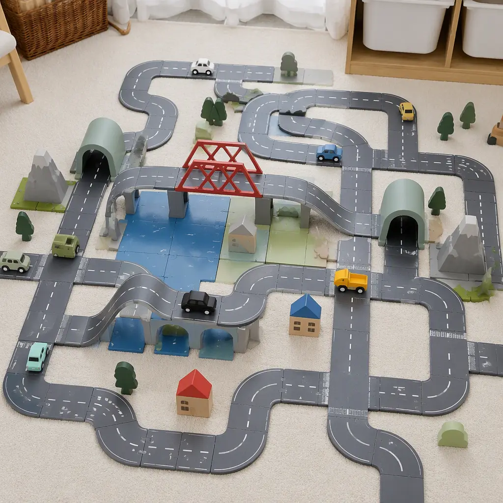 Overhead view of connected magnetic road tiles forming a small city layout