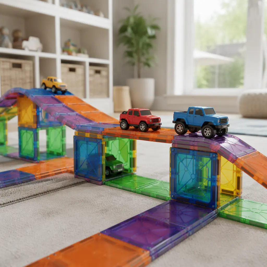 Magnetic road tile bridge and tunnel setup with toy vehicles