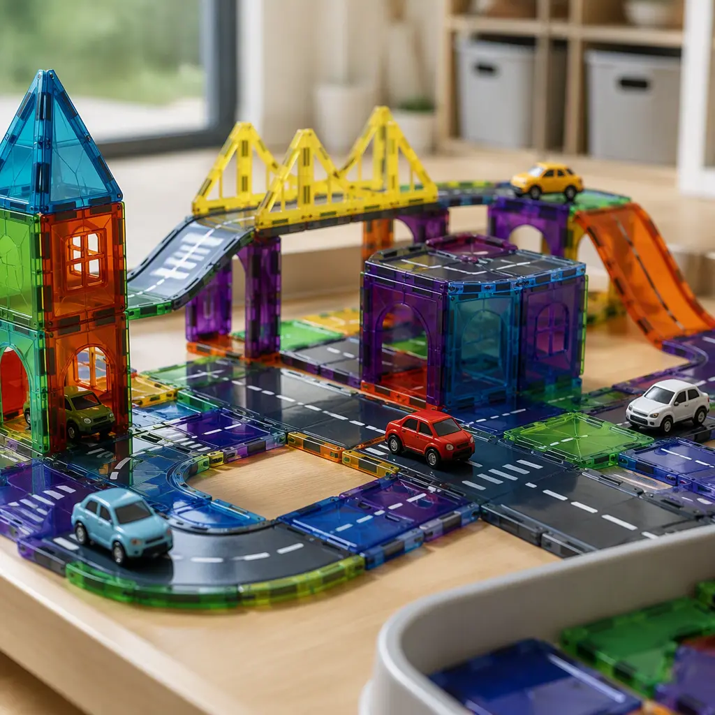 Magnetic road tiles arranged into a miniature city with roads and ramps on a play table