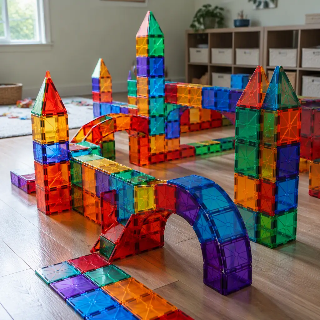 Large magnetic tile structures spread across a playroom floor