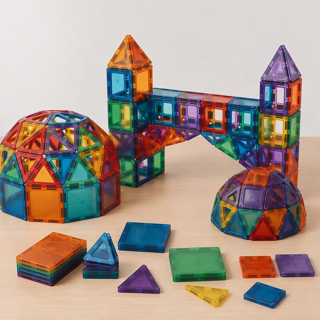 Magnetic tile pieces and partially built geometric structures