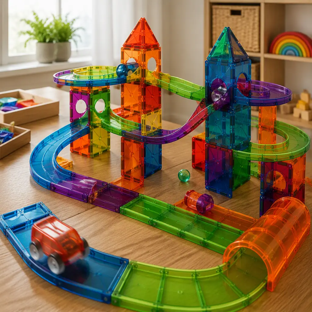 Magnetic racetrack construction set assembled on a tabletop with ramps and curves