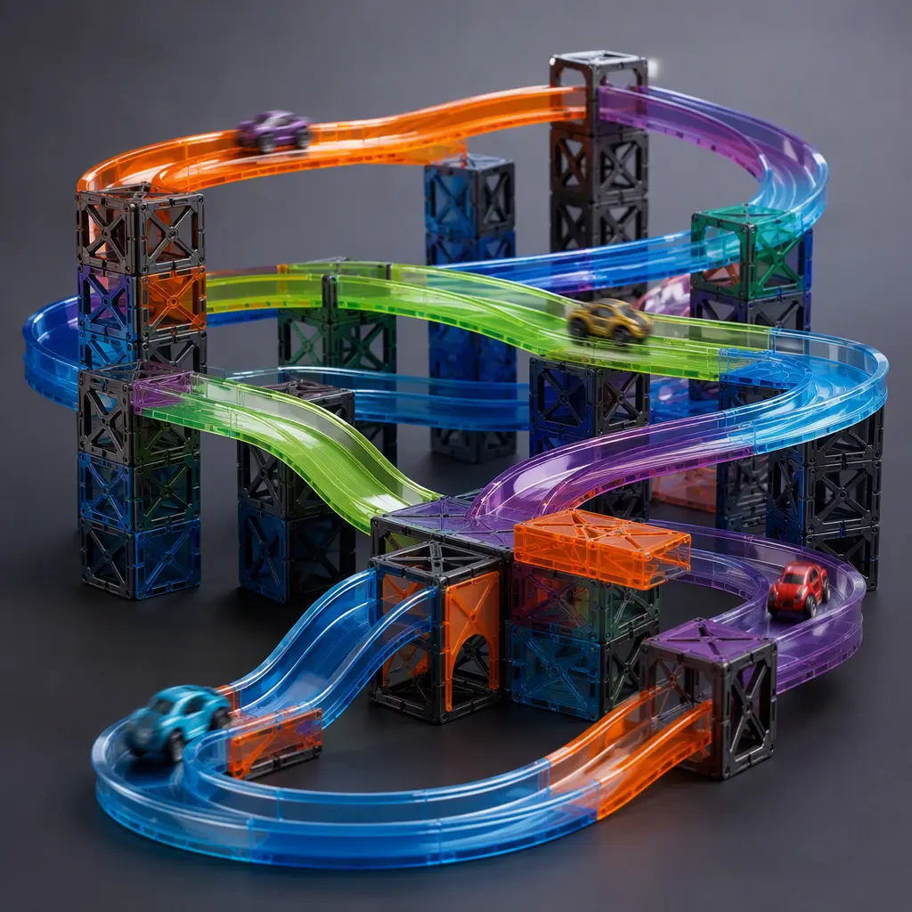 Large elevated magnetic racetrack construction with layered ramps and rolling vehicles