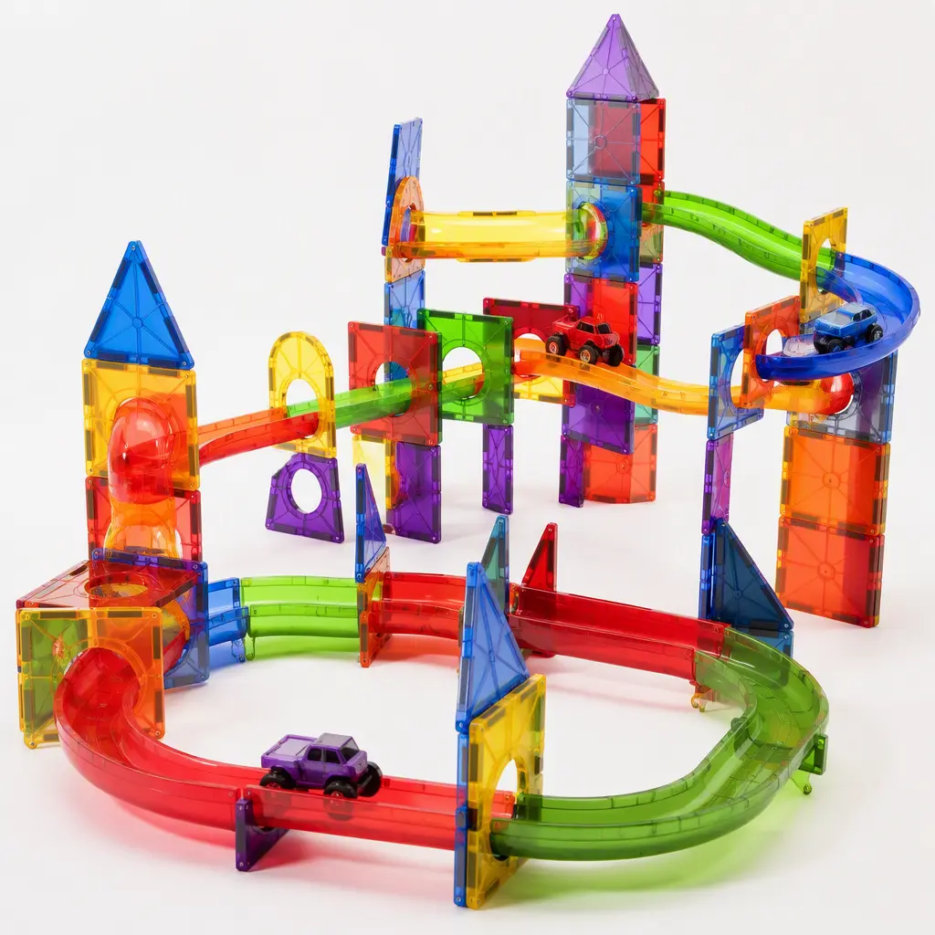 Colorful magnetic racetrack construction set with ramps and rolling vehicles in a studio setting