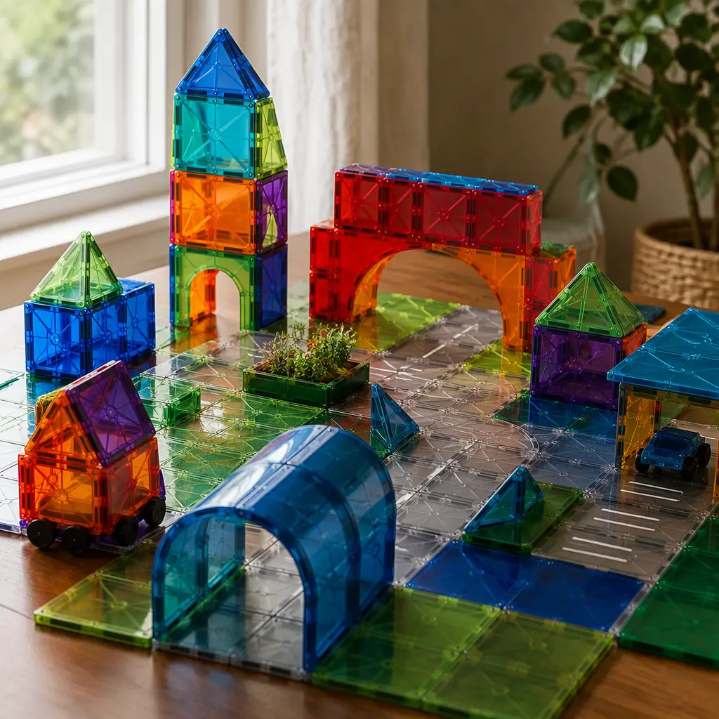 Colorful magnetic tiles arranged into a miniature neighborhood play environment