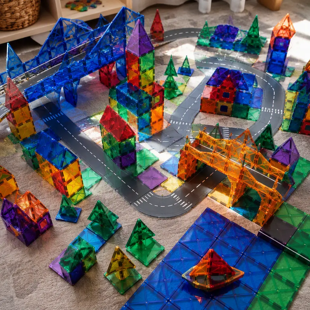 Overhead view of a magnetic tile miniature environment with roads and buildings