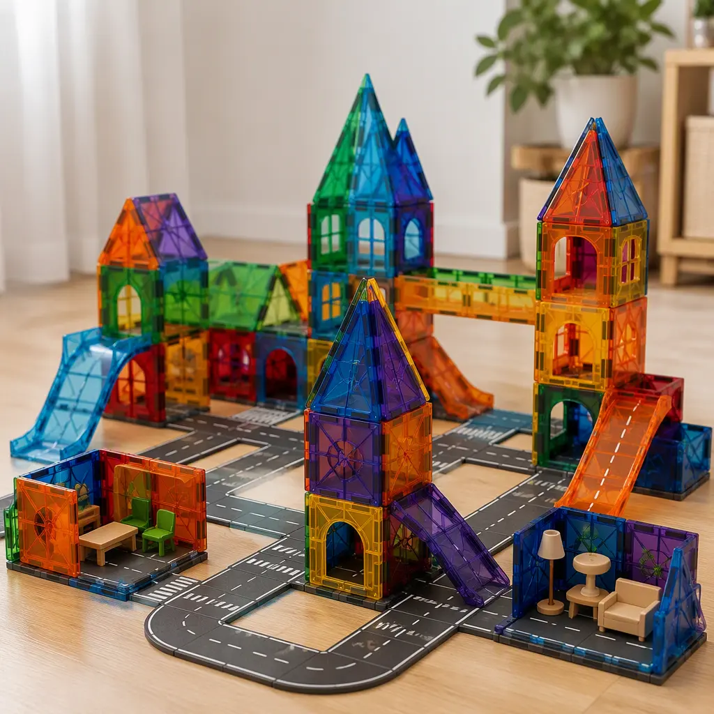 Magnetic tiles assembled into a miniature play town with roads and structures on a wooden table