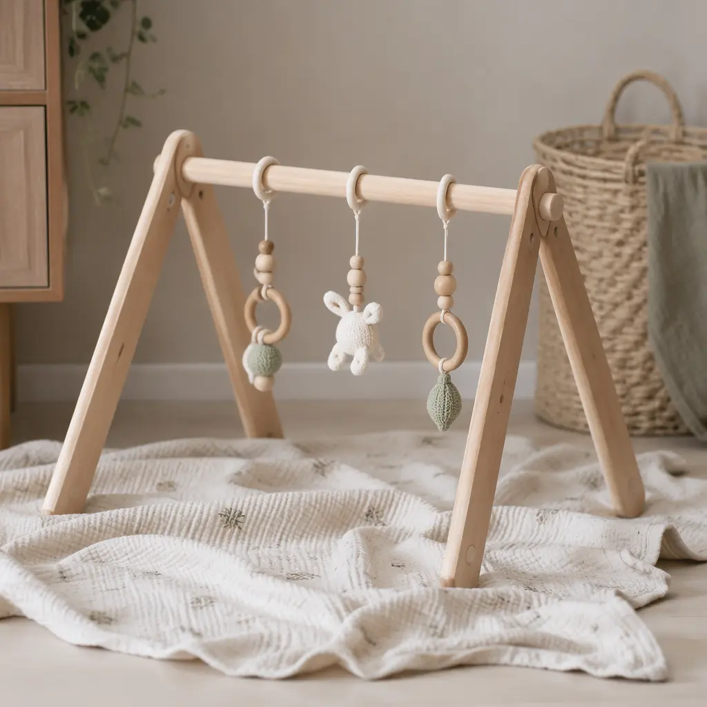 Compact wooden toy arch set up in a small nursery corner