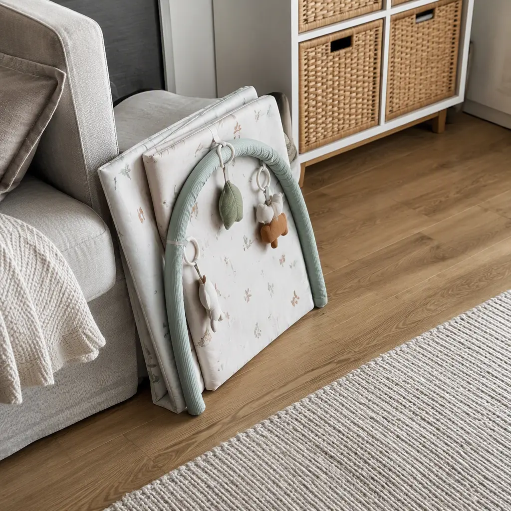 Folded baby play gym stored neatly beside a sofa in a small apartment