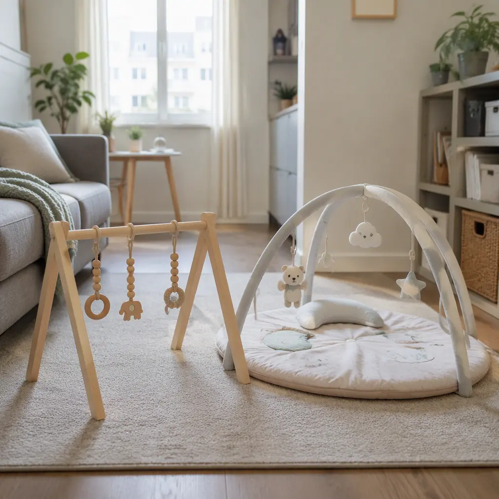 Toy arch and baby play gym arranged in a small apartment living room with soft natural light