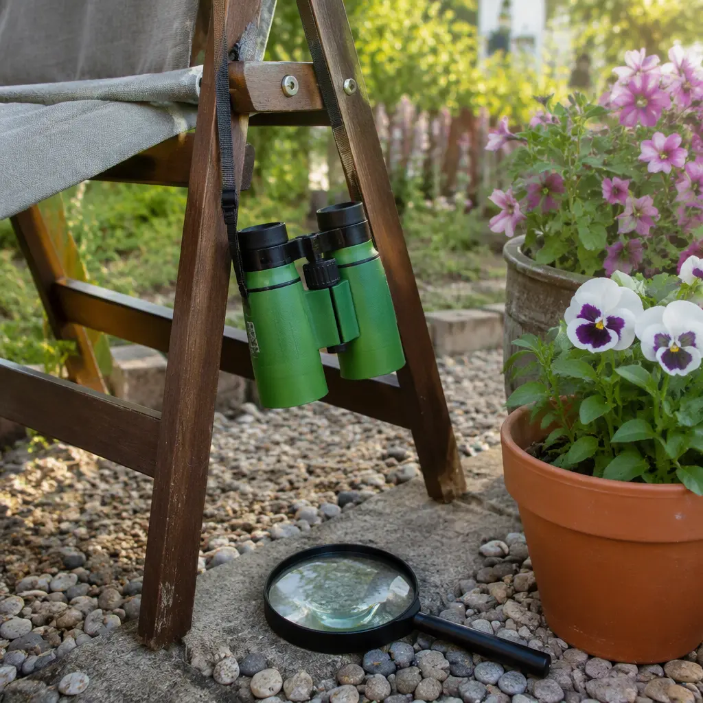Compact toy binoculars and a magnifying glass arranged in a backyard garden setting