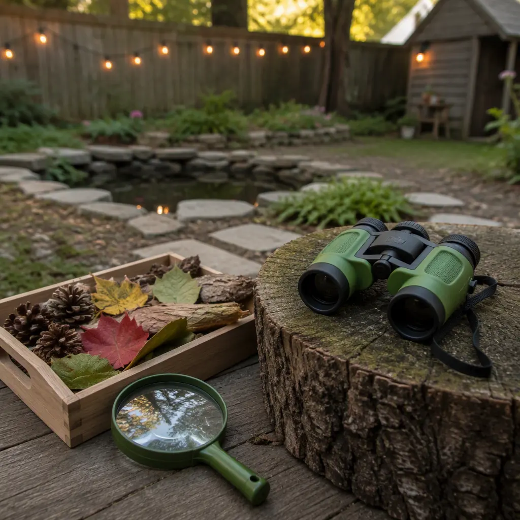 Magnifying glass and toy binoculars arranged with natural objects in a backyard