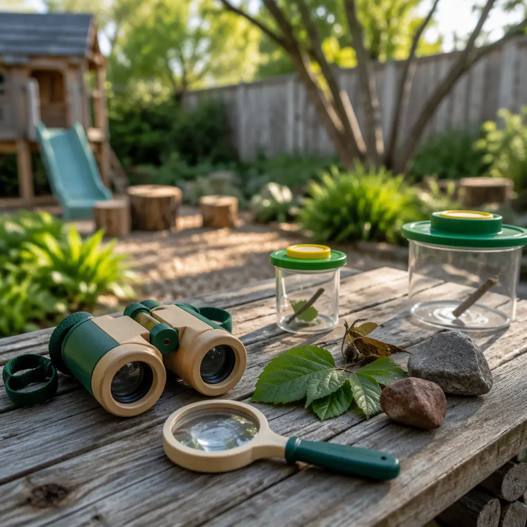 Toy binoculars and a magnifying glass on a backyard picnic table with nature items nearby