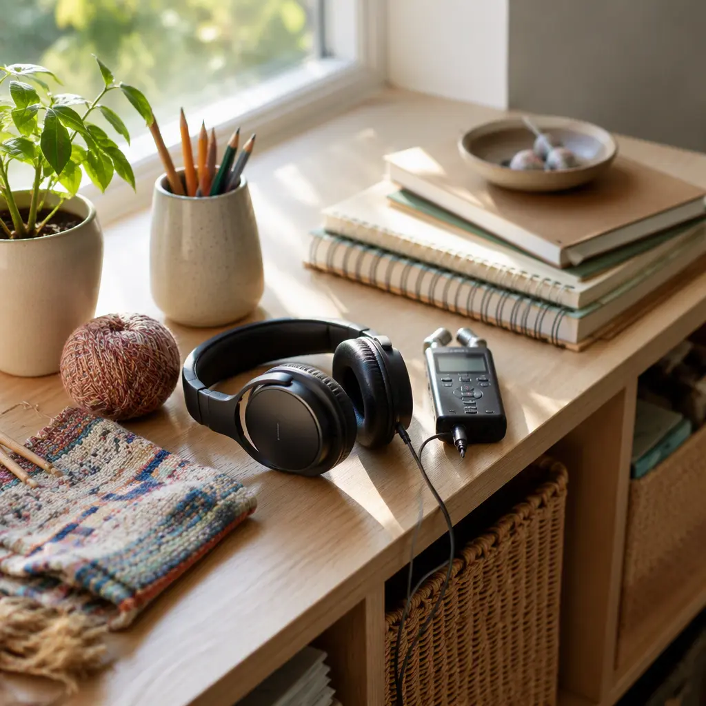 Handheld audio recorder with headphones and notebooks in natural light
