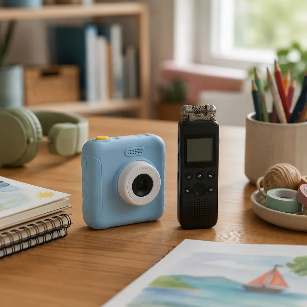 Toy camera and handheld audio recorder on a desk with creative supplies in soft natural light