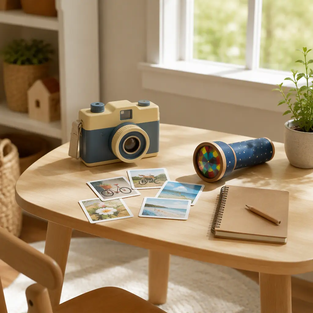 Toy camera and pretend photography accessories on a play table