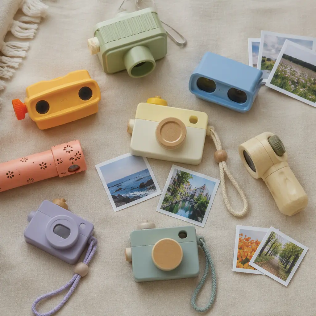 Flat lay of toy cameras and optical pretend play accessories