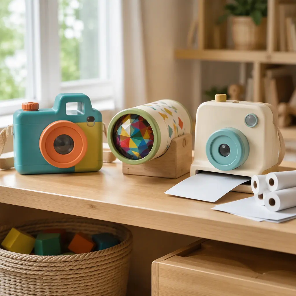 Screen-free toy cameras and viewers arranged on a wooden shelf in natural light