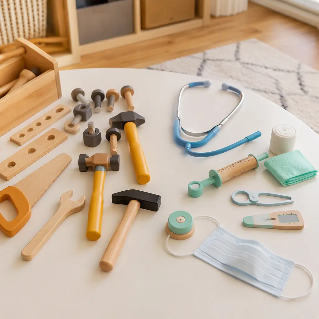 Pretend medical toys and toy tools arranged together on a table