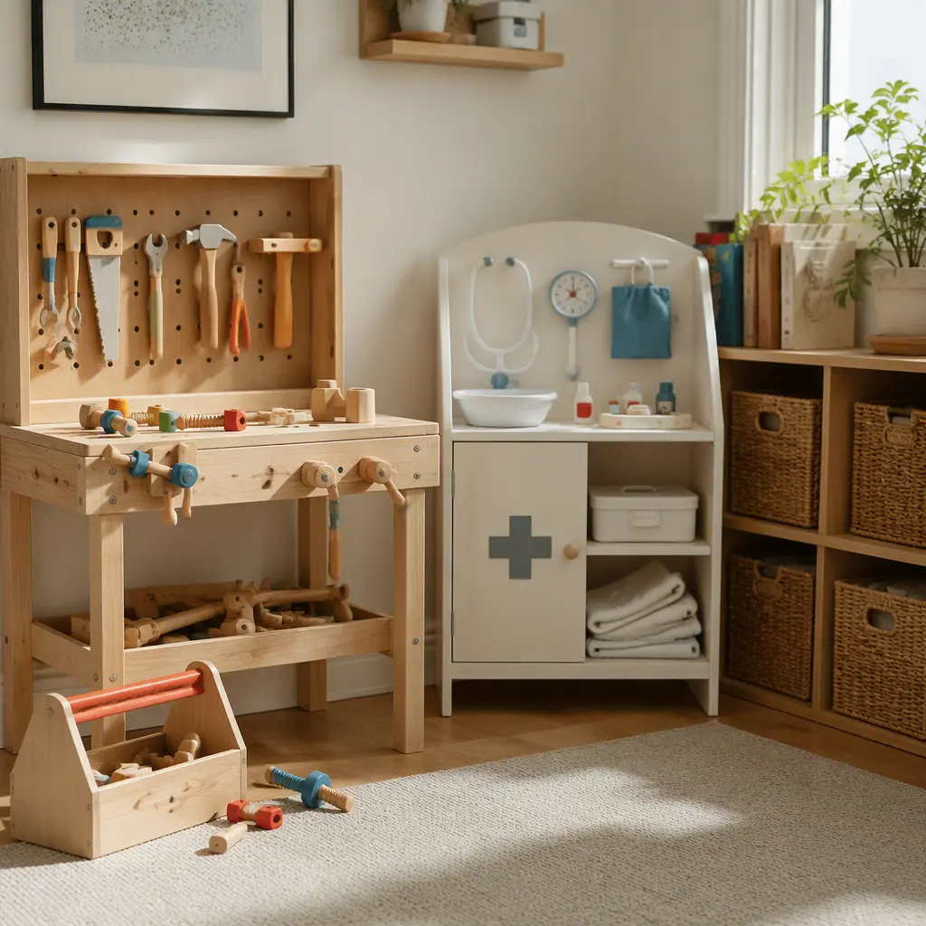 Toy workbench and pretend doctor station in a tidy play area