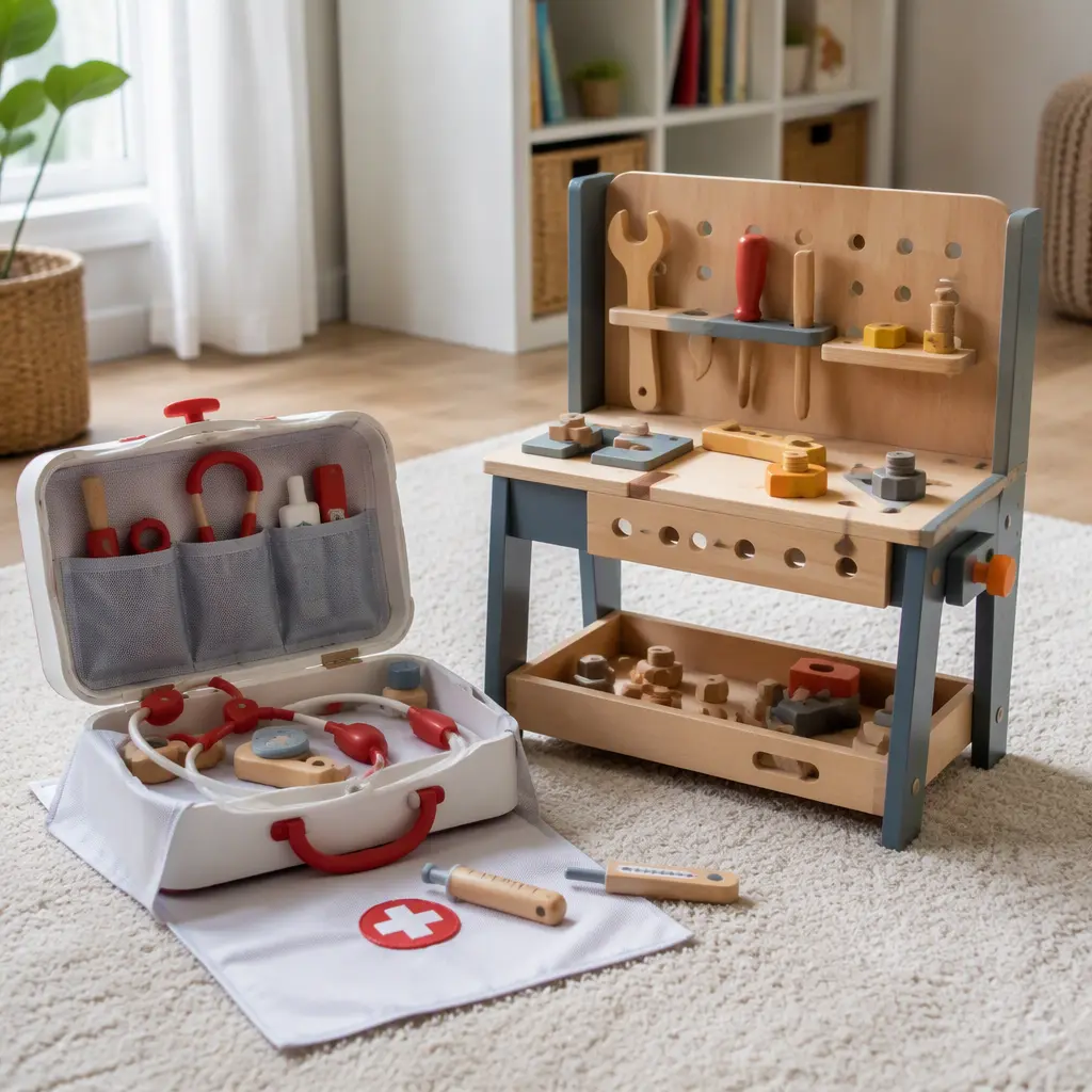 Toy doctor kit and toy tool set arranged in a bright playroom