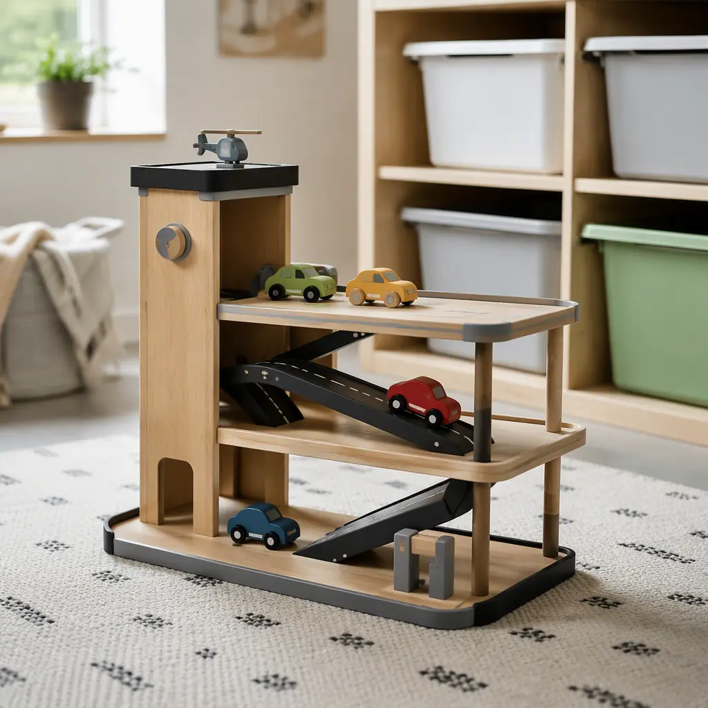 Compact toy garage with toy cars and organized storage bins in a shared playroom