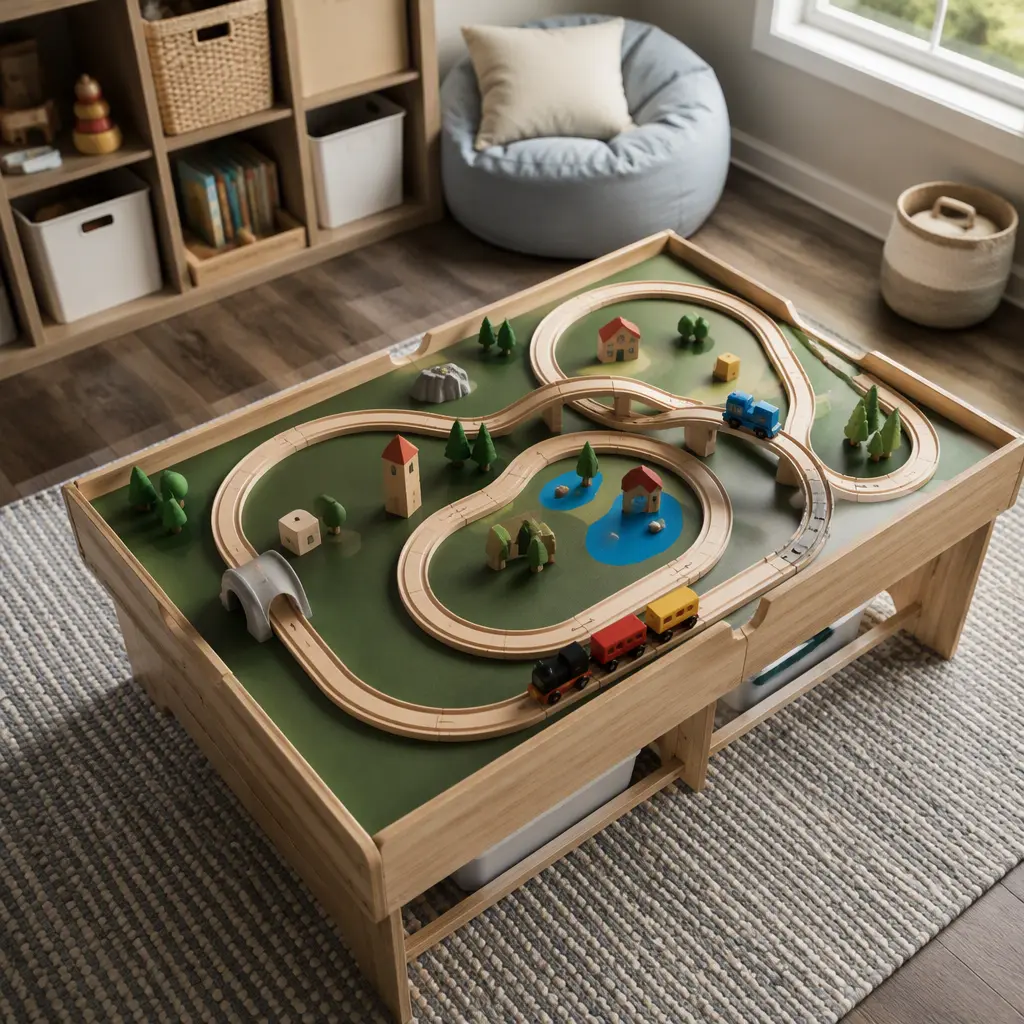 Wooden train table with tracks and trains in a small organized shared playroom