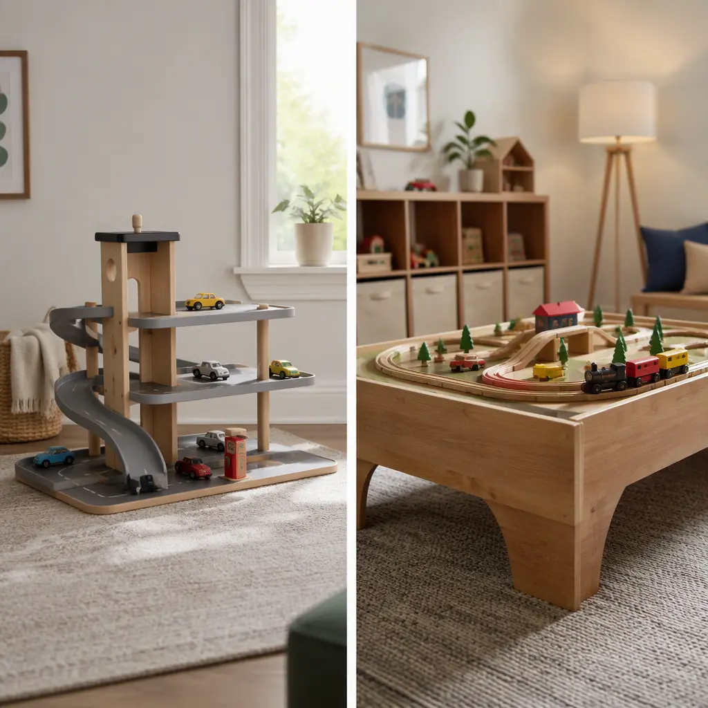 Toy garage and train table in a small shared playroom with neatly organized toys and soft natural light