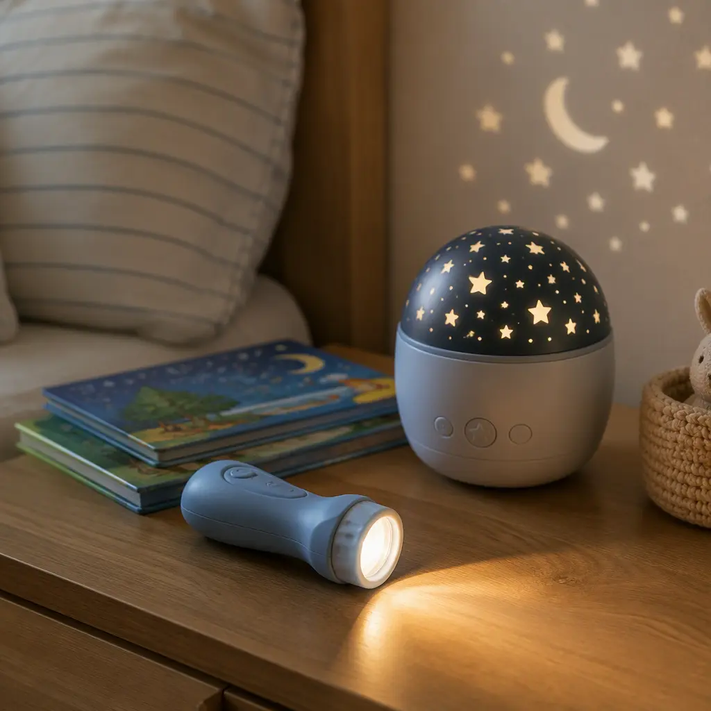 Child-safe flashlight and toy projector beside bedtime books