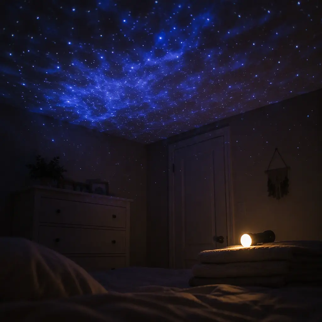 Soft star projector and flashlight creating a calm bedtime atmosphere